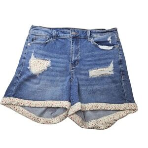 Judy Blue Shorts Womens 1XL Blue Denim Distressed Floral Rolled Hem Cottagecore